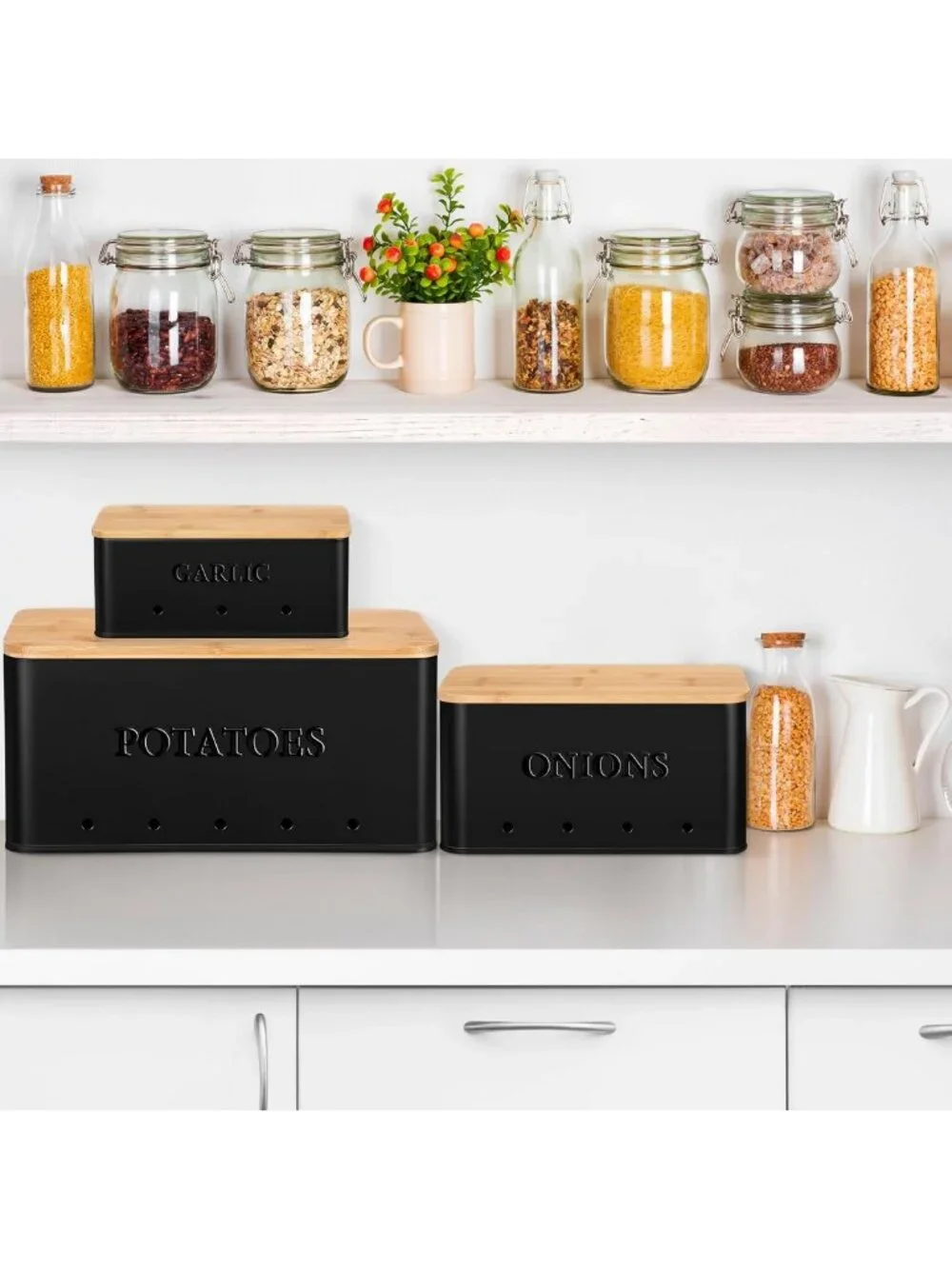 3-Piece Metal Storage Bins Set for Potatoes, Onions & Garlic - Stylish Black